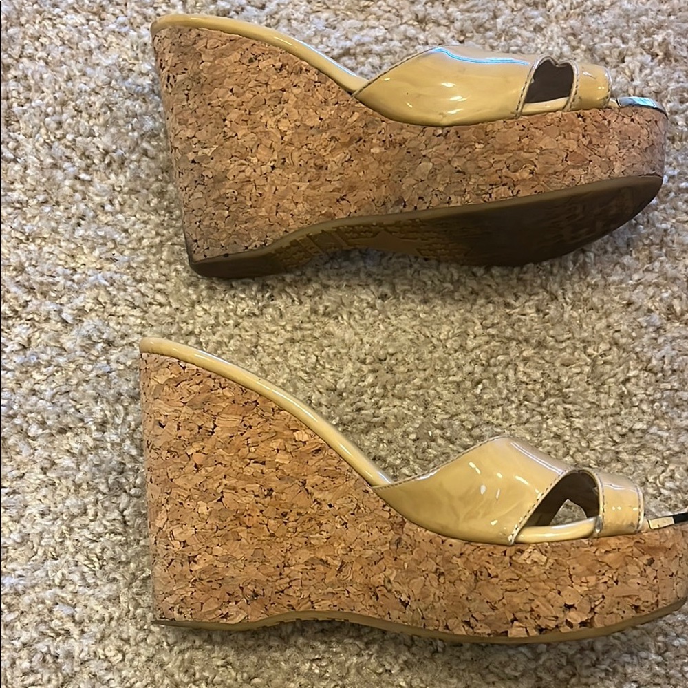 Jimmy Choo Tan Patent Wedge Sandals - Picture 7 of 7